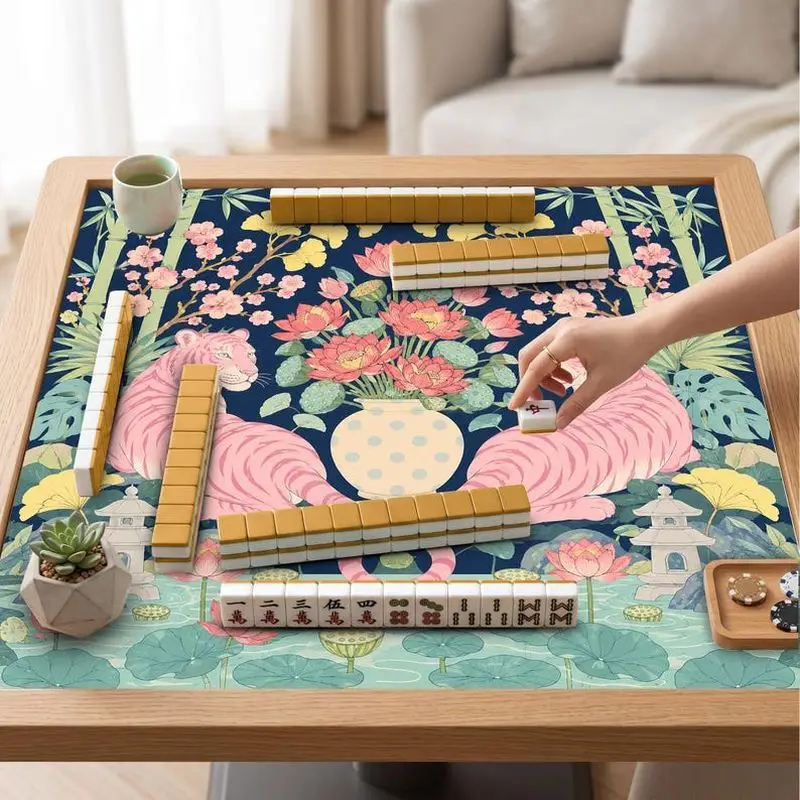 VIKAMA Chinese Pink Tiger Lotus Mahjong Mat Thick Soundproof Dual Use Mahjong Poker Desktop Game Pad