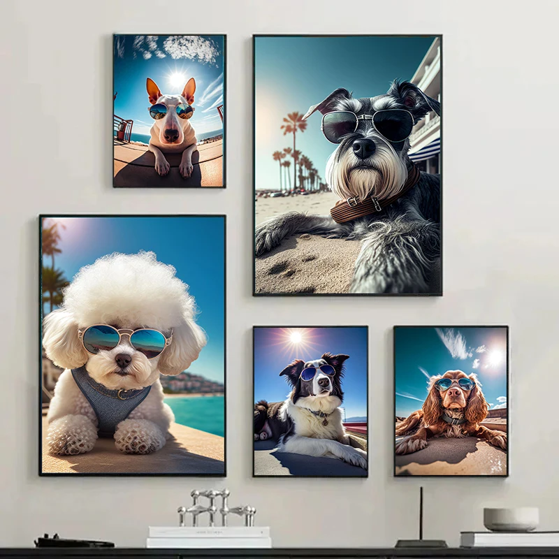 Cute Dogs with Sunglasses Poster Prints YORKIE Schnauzer Dachshund Seaside Wall Art Canvas Painting for Living Room Home Decor