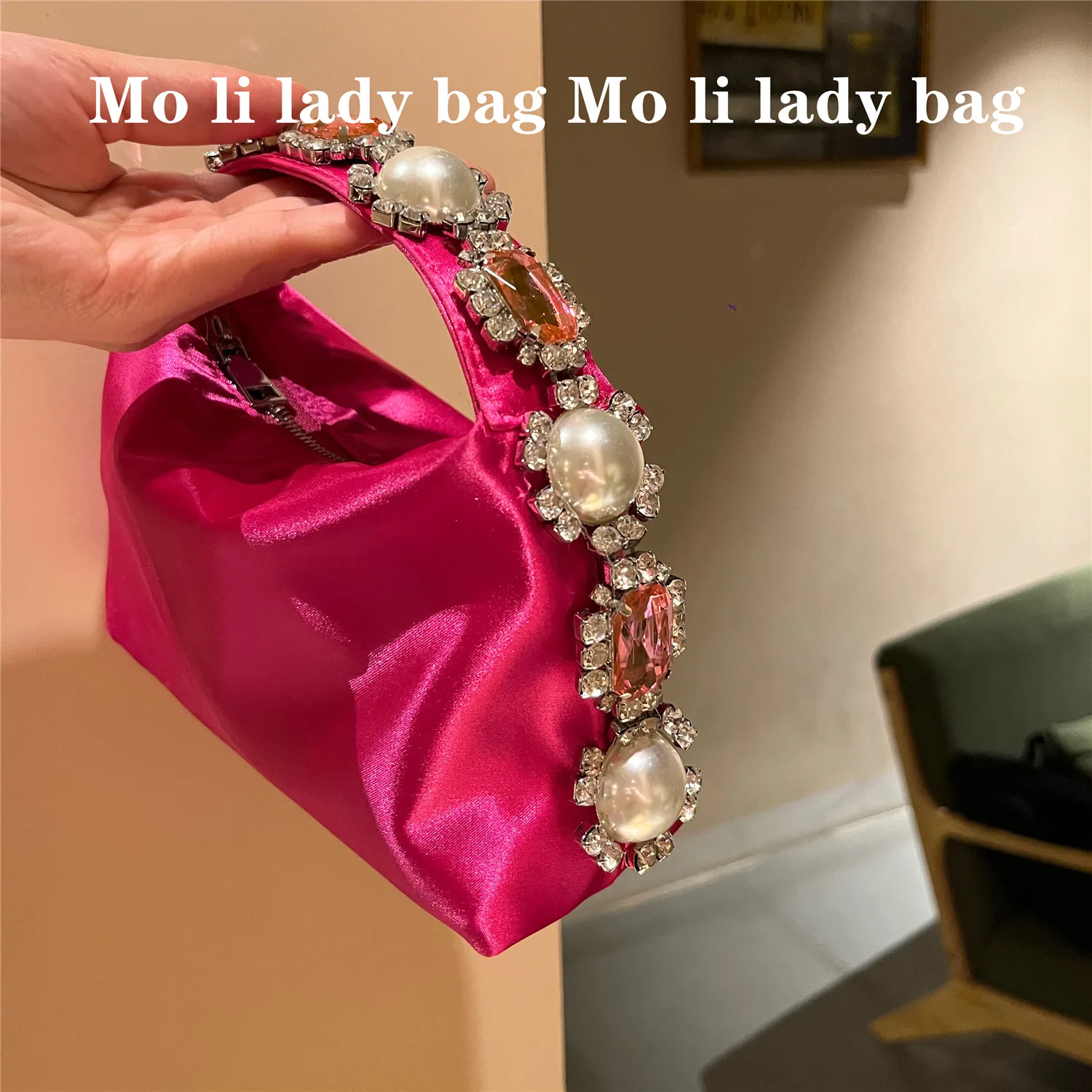 

Luxury Diamonds Silk Handbag Ostrich Feathers Pearls Evening Bags for Women Wedding Party Purse Satin Clutch Ladies Shoulder Bag