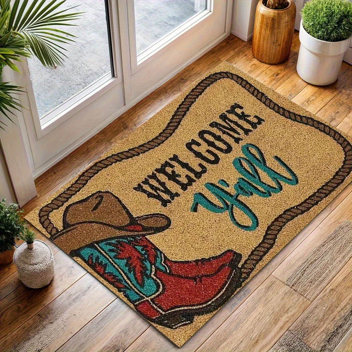 Western Cowboy Boots Welcome Floor Mat - Creative Retro Design Area Rug - Indoor Home Decor Bedroom Living Room Kitchen Rug