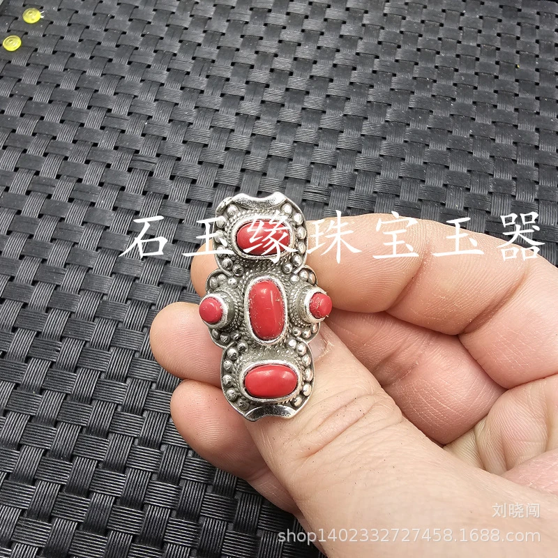 Optimized Cabochon Imitation Red Adjustable Ring With Blue Turquoise Inlay