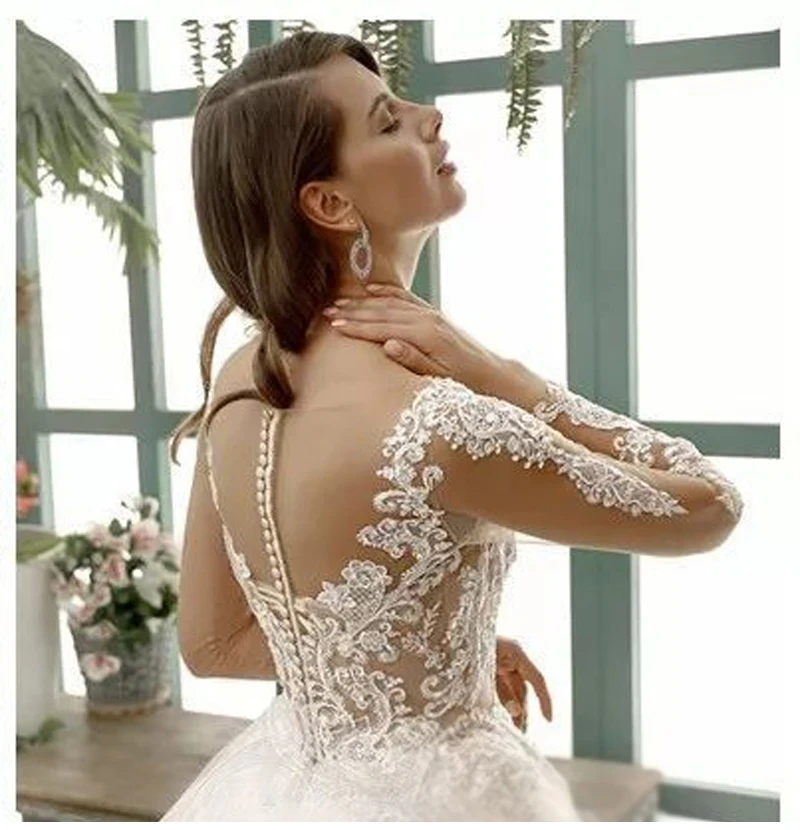 Vestido de novia de larga y cuello redondo، شفاف، ilusia trasera، بلانكو، Apliques de encaje،