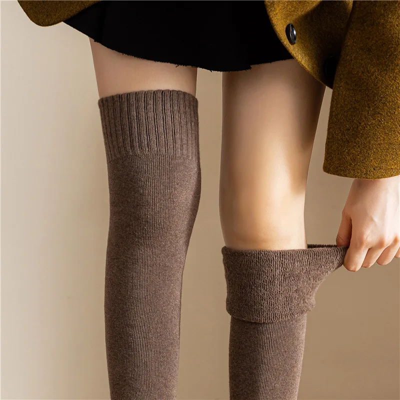 Calcetines por encima de la rodilla de rizo para mujer, medias gruesas y cálidas de terciopelo, calcetines hasta el muslo, protectores, Invierno