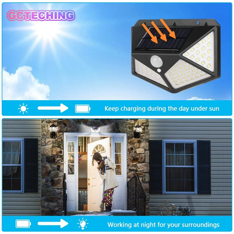 6 Pack Solar Lights Outdoor 100 LED Wall Lamp Motion Sensor Lights Waterproof Solar Street Light for Garden Porch Yard Garage
