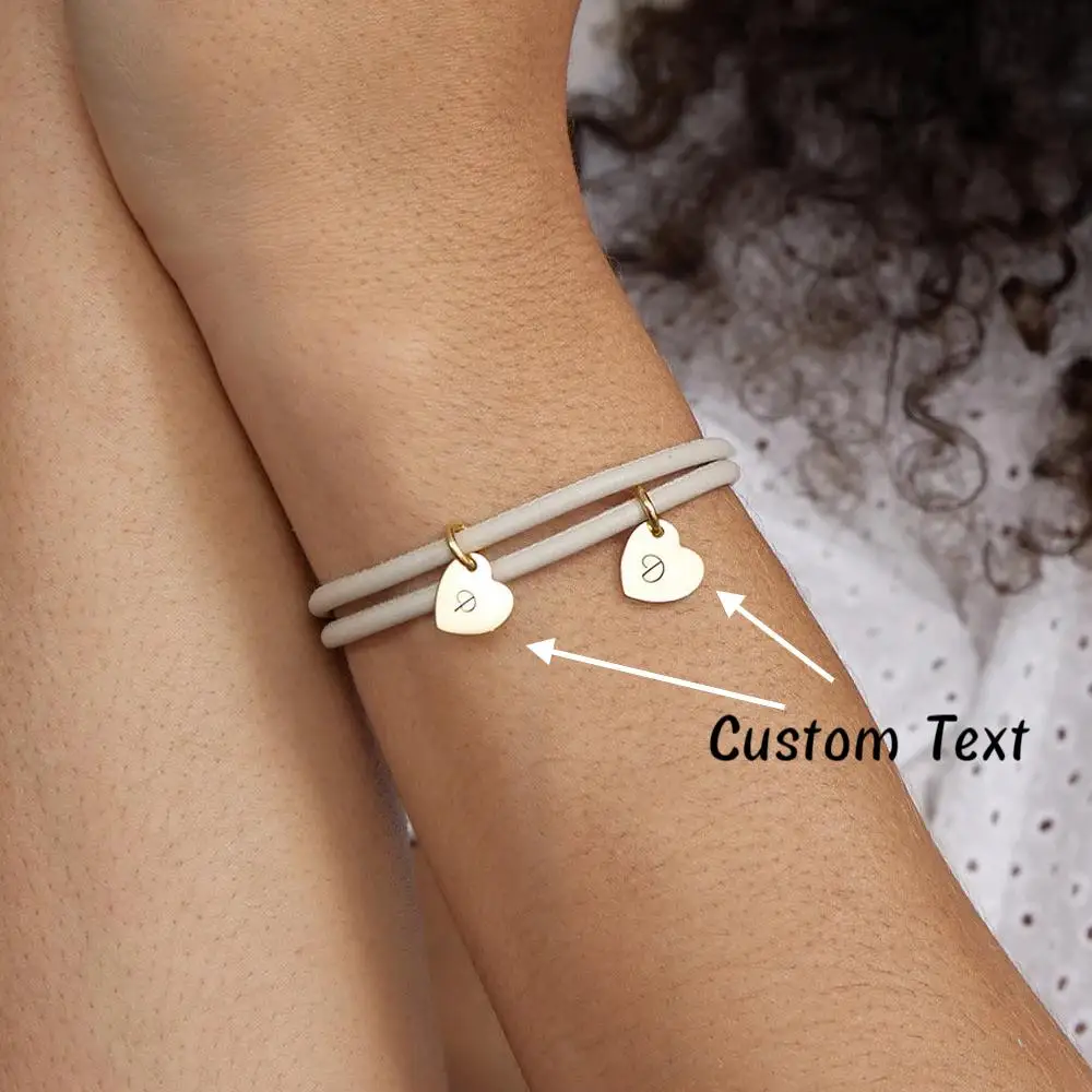 DOREMI Custom Name Leather Bracelet Stainless Steel Heart Charm Engraved Adjustable Women Bracelet Valentine\'s Day Jewelry Gift