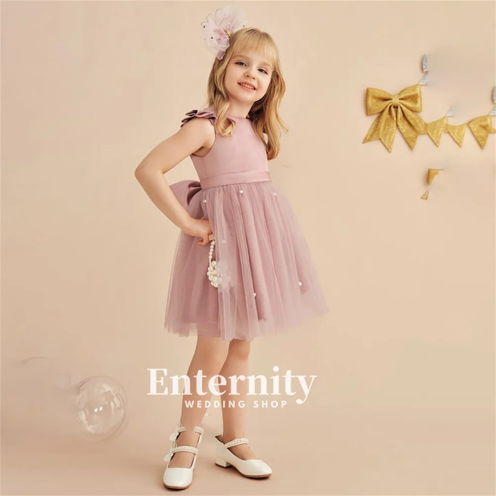 Flower Girl A-Line Scoop Neck Vestidos, Altura do Joelho, Cetim, Tule, Beading, Elegante, Casamento, Meninas