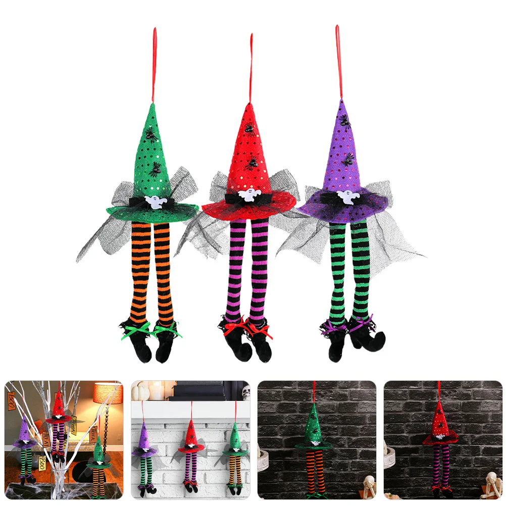 

3Pcs Halloween Witch Hat Long Legs Hanging Decor Stuffed Boots Witch Shoes Front Door Ornament Tulle Party Supplies Outdoor