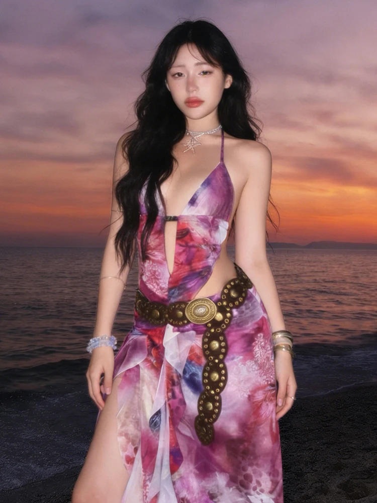 Kliou Buntes Bedrucktes Langes Kleid Damen Neckholder Tiefer Ausschnitt Rückenfrei Ärmellos Rüschen Hohe Schlitze am Saum Strand Party Elegante Vestidos