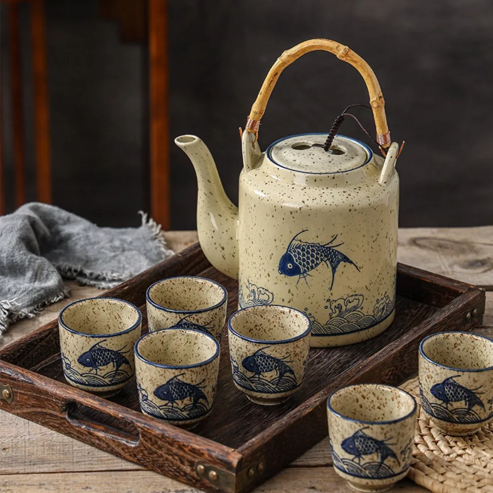 Retro Koi Fish Pattern Ceramic Teapot Bamboo Handle Retro Spot Ceramic Teapot Chinese Teapot Home Decoration Accessories