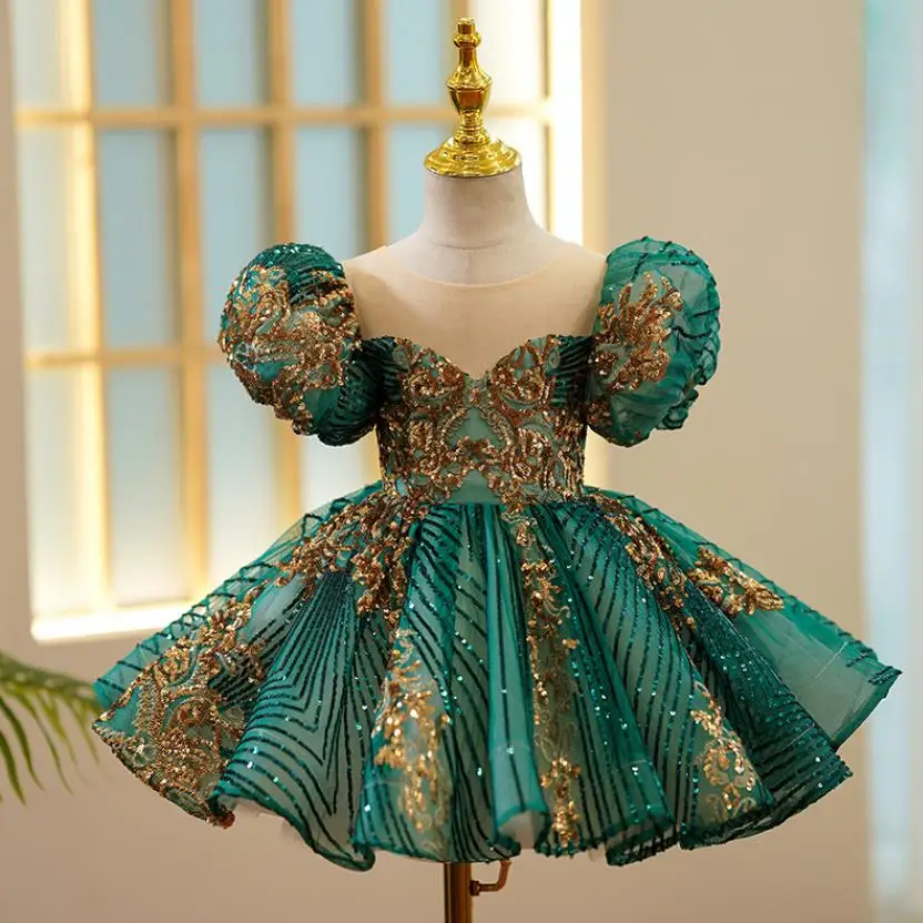 Kids Luxury Party Green Gold Dresses For Girls Birthday Baptism Shoot Gown Evening Formal Lace Dress Prom Frock A2523