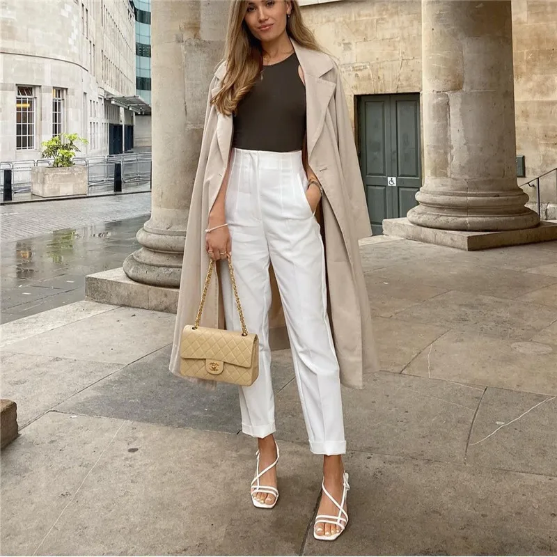 TRAF Women\'s Pants Beige Pencil High Waist Pants For Women Office Casual Elegant Woman Trousers Fashion Streetwear Summer Pants