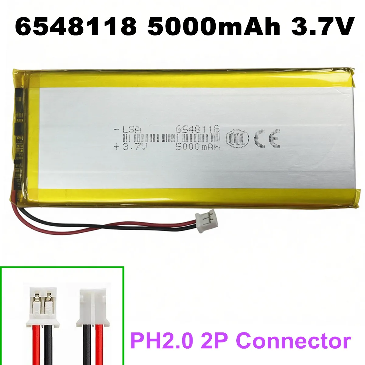 1-10PCS 6548118 3.7V 5000mAh With PH2.0 2P Plug Li-Polymer Battery For Tablet PC LED Lights Power Bank Bluetooth Headset Speaker