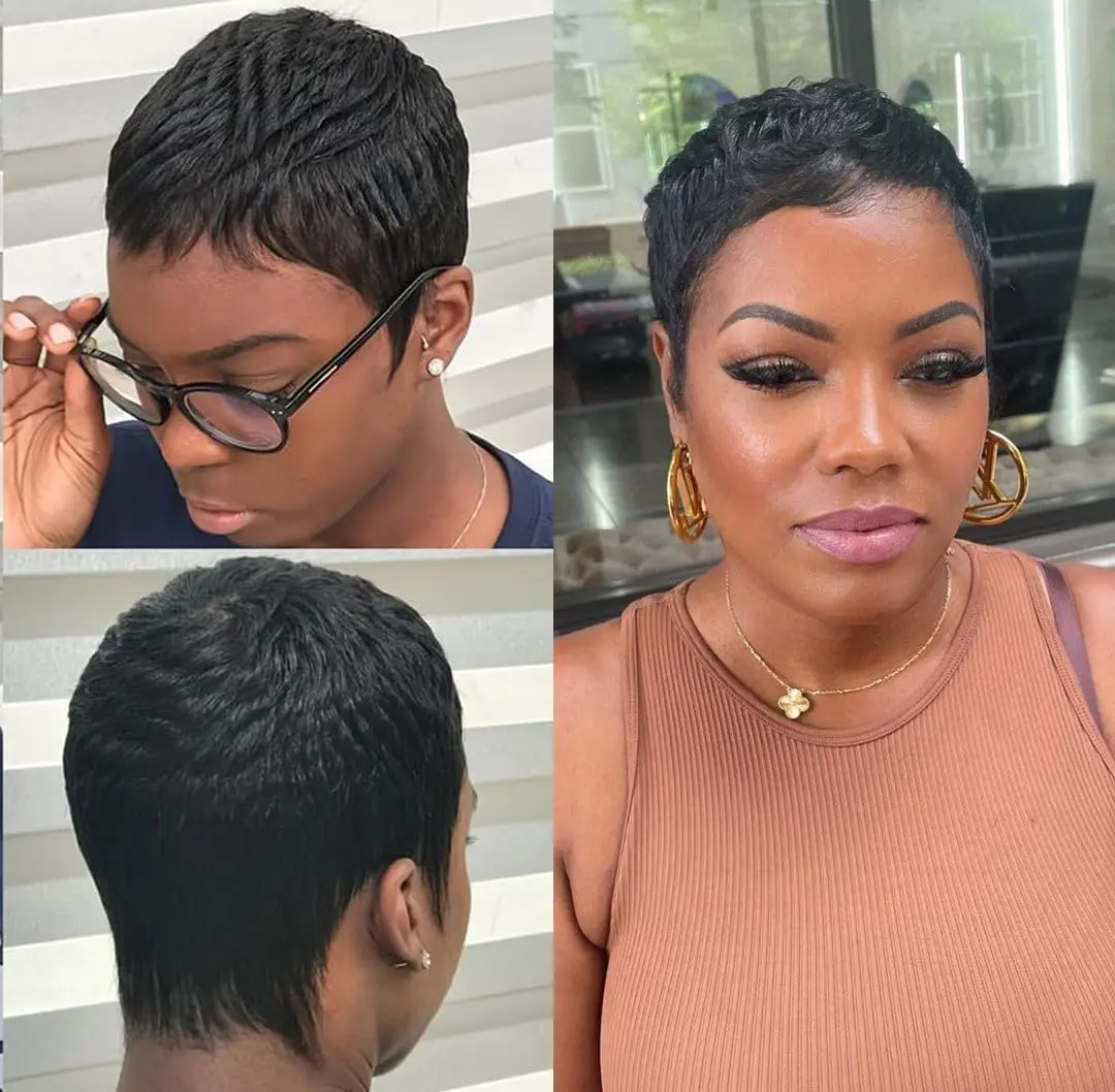 여성용 숏 픽시컷 가발, 150% 밀도 버진 생인모, 전체 기계식 제작, 데일리 착용 가능한 앞머리 있는 숏 레이어드 가발