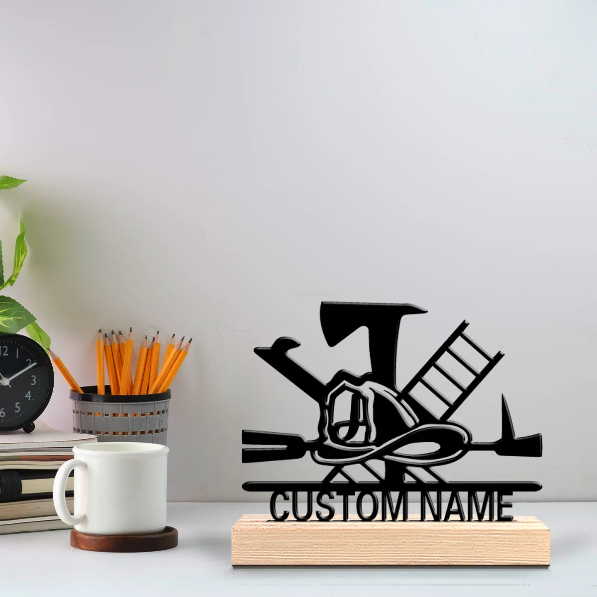 1pc firefighting tools Custom Text Metal Statue Iron Ornament Art Figurine With Wood Base Tin Statue Office Desk
