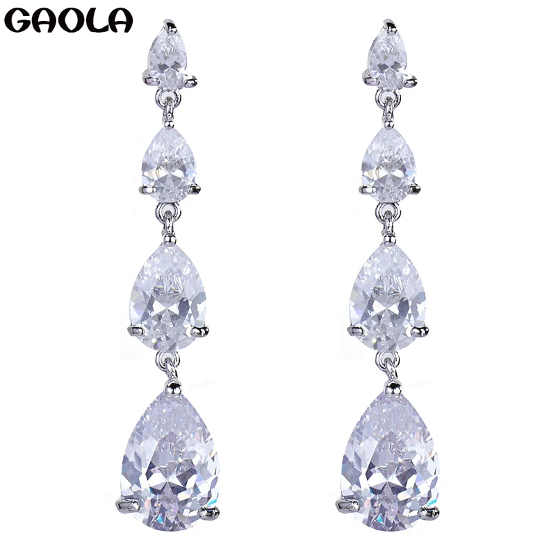 GAOLA 2016 New Luxurious CZ Crystal Silver Bridal Earrings Imitation Gemstone Jewelry Long Earrings for Women GLE3438