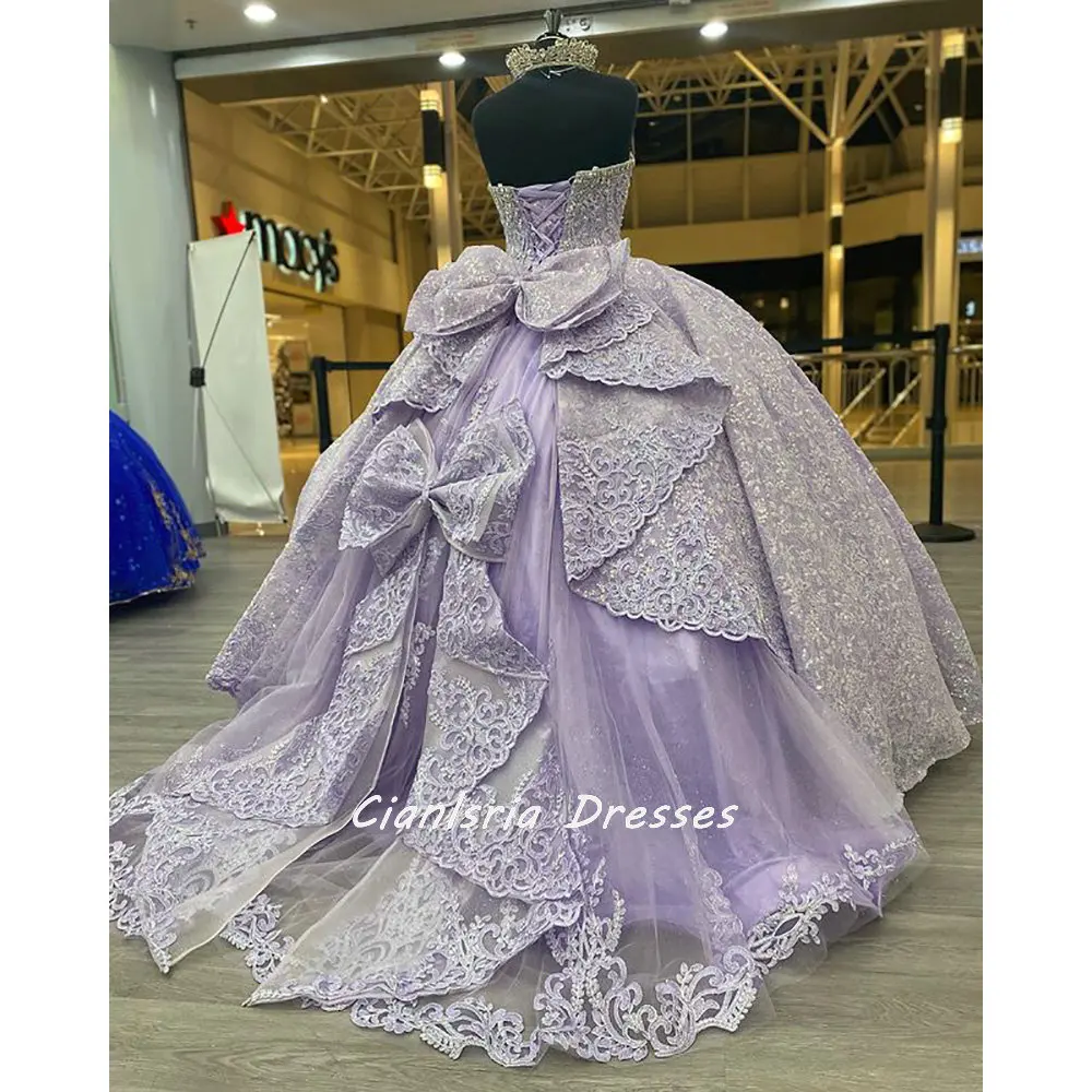 Lilás querida lantejoulas renda quinceanera vestido de baile beading diamantes arco babados corset vestidos xv anos