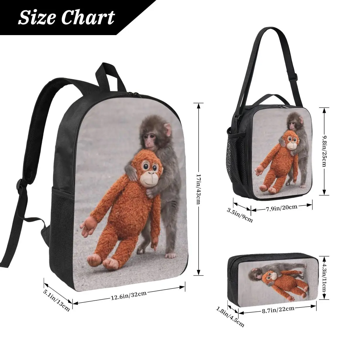 3Pcs Monkey Punch Baby Monkey Holding Toy Prints School bags Set for Girls Boys Pen Bags Backpack Sets with Lunch Box