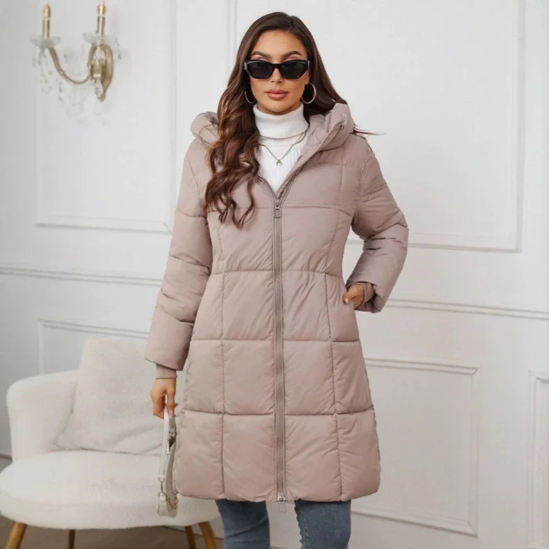 2026 autumn and winter new medium and long thickened and upgraded large size casual hooded solid color cold-proof cotton coat