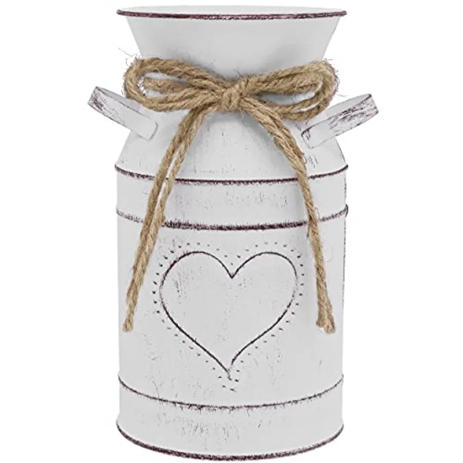 

Vintage Metal Flower Bucket Heart Vase, Farmhouse Decor with Handle, French White Galvanized Finish Milk Jug, Shabby Chic Metal
