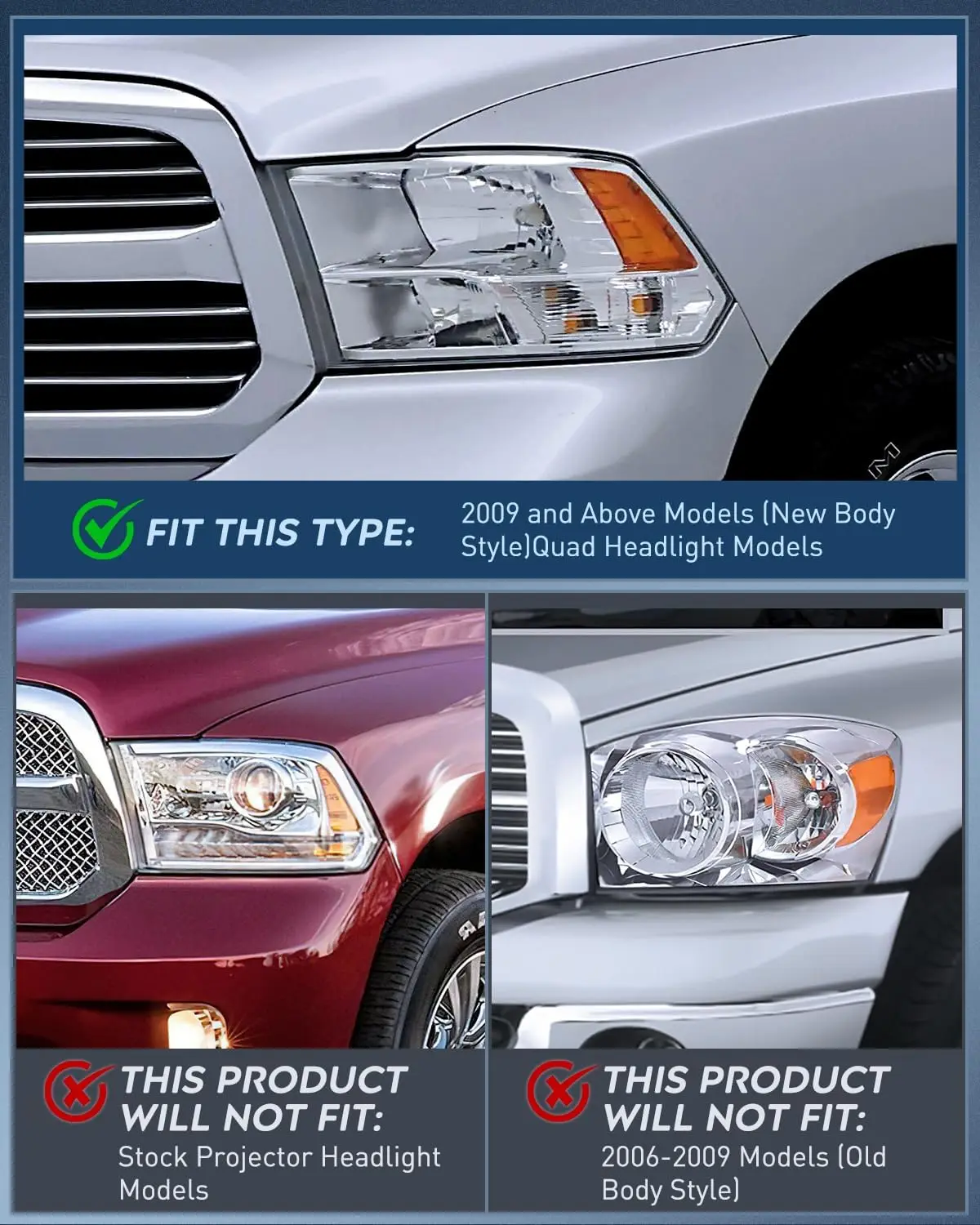 Nilight Headlight and Taillight Combo for 2009-2016 2017 2018 Dodge Ram Fit 2009 2010 2011 2012-2018 Ram 1500 2010-2018 Ram 2500 3500 for Quad Model Chrome Housing Amber Reflector w/Red Tail Light