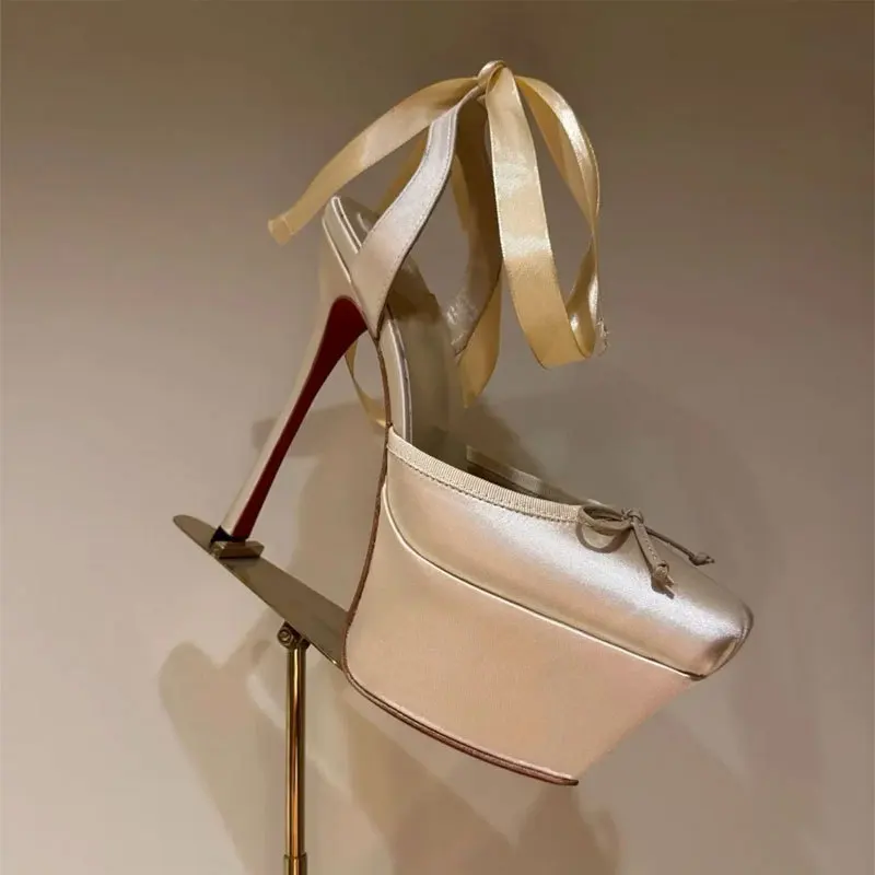 Sandals Fashion Shoe Super High Heels Wedding Party Sandals New Fashion Catwalk Satin Head Waterproof Table Thin Heel Ballet Bow