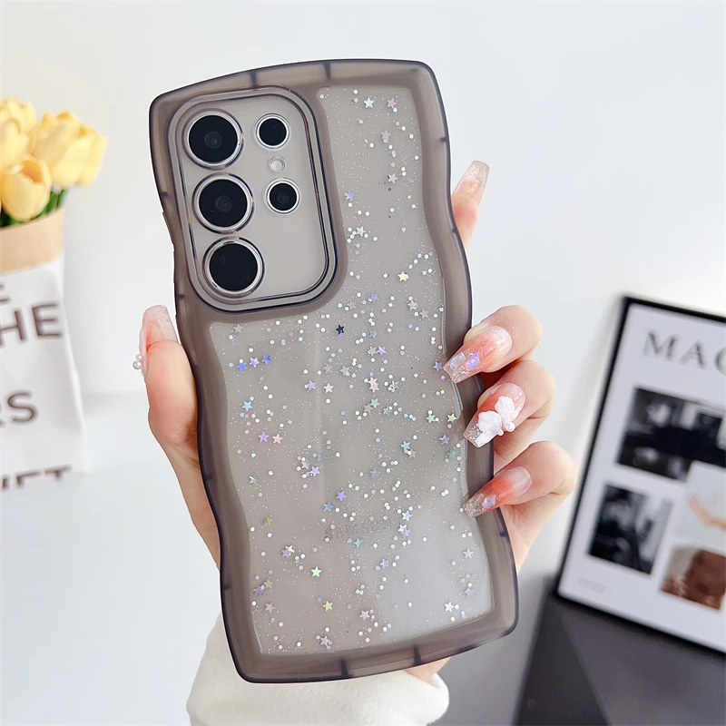 Transparent Glitter Star Wave Frame Soft Case For Samsung Galaxy S26 S25 S24 S23 S22 S21  FE Plus Ultra