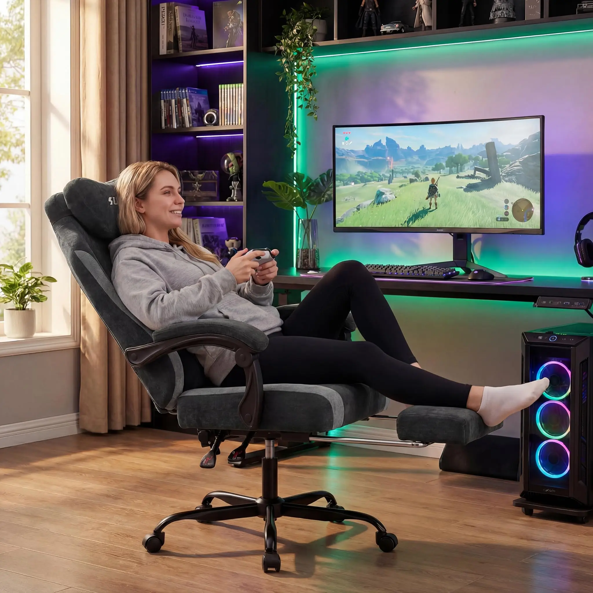 Fabric Video Gaming Chair, Ergonomic High-Back Computer Game Chairs with Large Massage Adjustable Lumbar Support