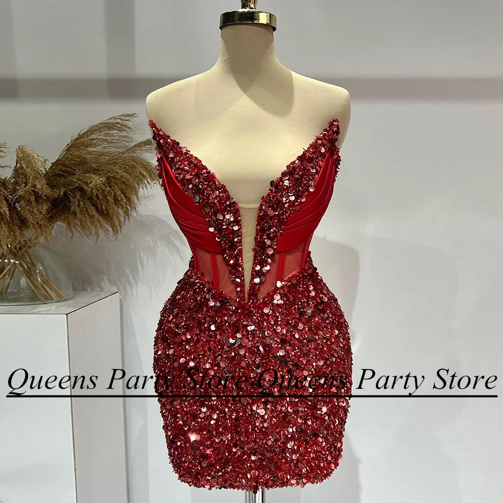 

Burgundy Short Evening Dress Cocktail Gown Sexy V Neck Sleeveless Sequined Above Knee Mini Party Dresses Vestido De Noche