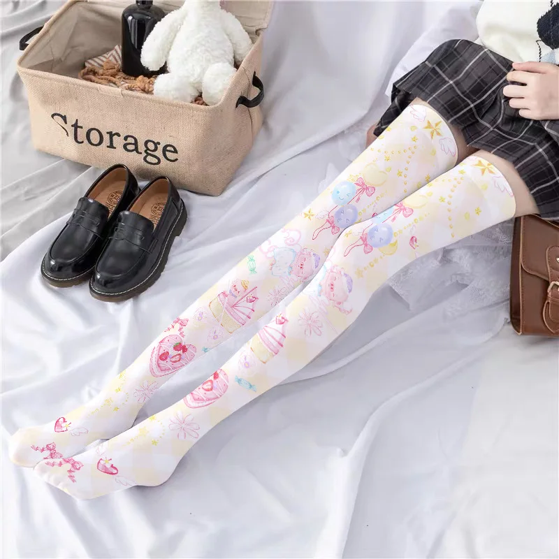 

Printed silk stockings thin women's spring and autumn Japanese Lolita cute anime knee length cake velvet socks