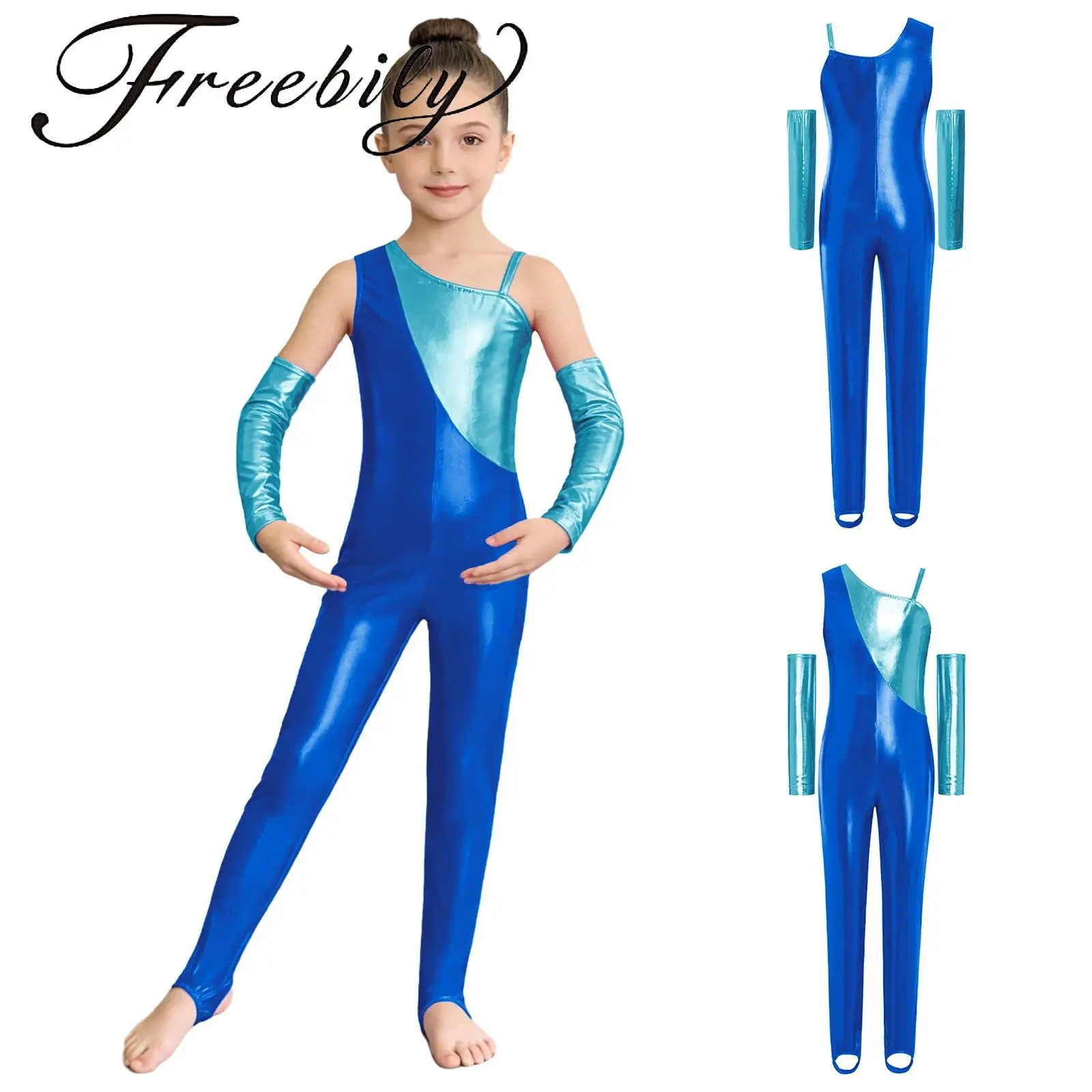 

Kids Girls Metallic Gymnastics Dance Outfit One Shoulder Side Invisible Zipper Color Block Jumpsuit with Foot Straps And Gloves