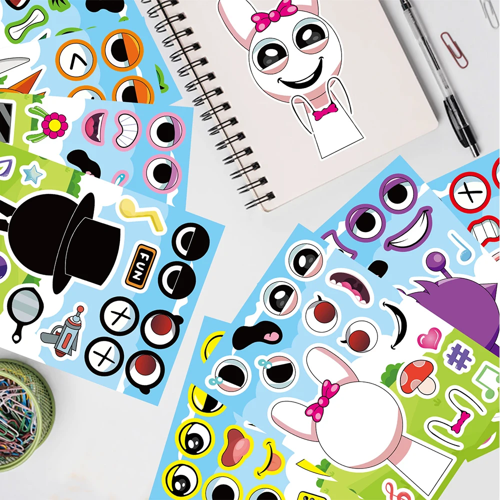 8/16sheets Fun Sprunki Make a Face Puzzle Stickers Make Your Own DIY Game Children Cartoon Jigsaw Education Toy Gift image 4