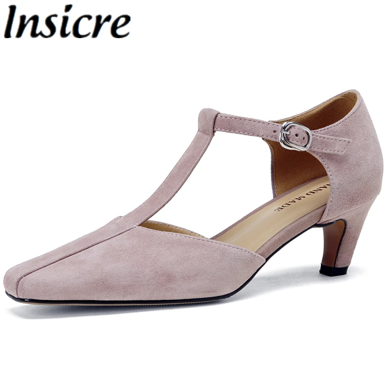 Insicre 2026 Elegant Women's Sandals Kid Suede Square Toe Buckle Thin Mid Heels Handmade Top Quality Summer Shoes