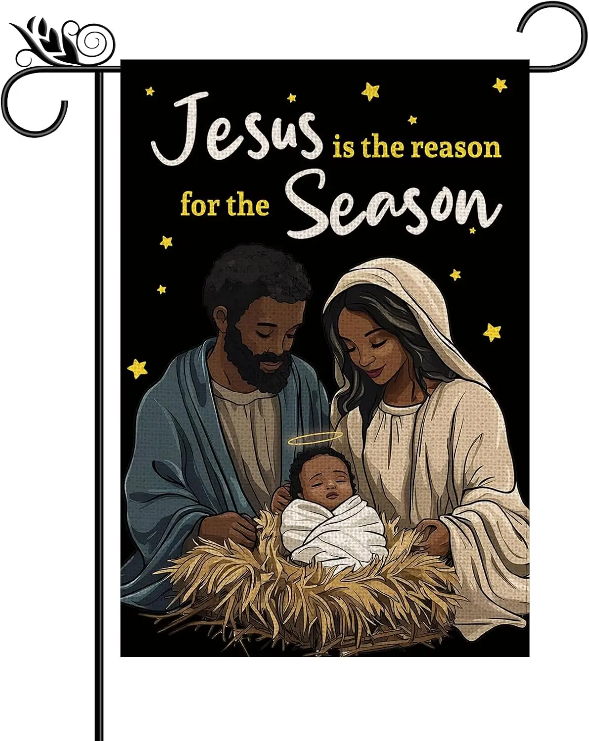 Bandera navideña para jardín, diseño de Papá Noel negro para Jesús es la razón por la temporada, estrellas, religión de doble cara, Xma afroamericano