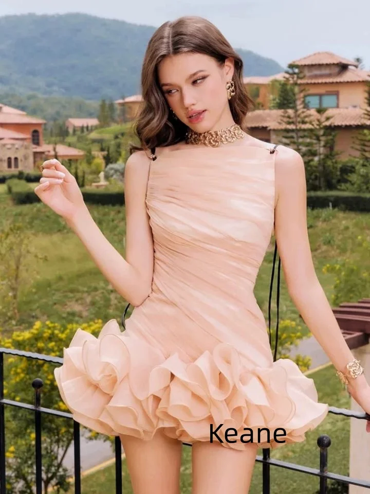 シャンパンショートフリルイブニングドレスvestido de festaイスラムドバイカフタンサウジアラビアイブニングプロムドレス