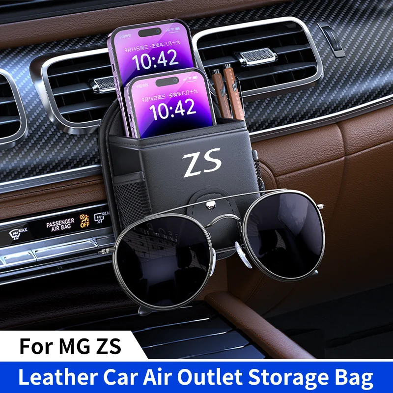 Car Air Outlet Debris Storage Bag For MG ZS EV EZS Mobile Phone Sunglasses Key Vent Dashboard Tidy Hanging Leather Organizer Box