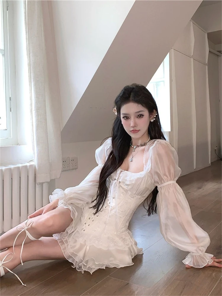 Vestido elegante De manga abombada para Mujer, Y2k, cintura delgada, encaje, retazos, volantes, novedad De verano 2025, Vestido De Mujer