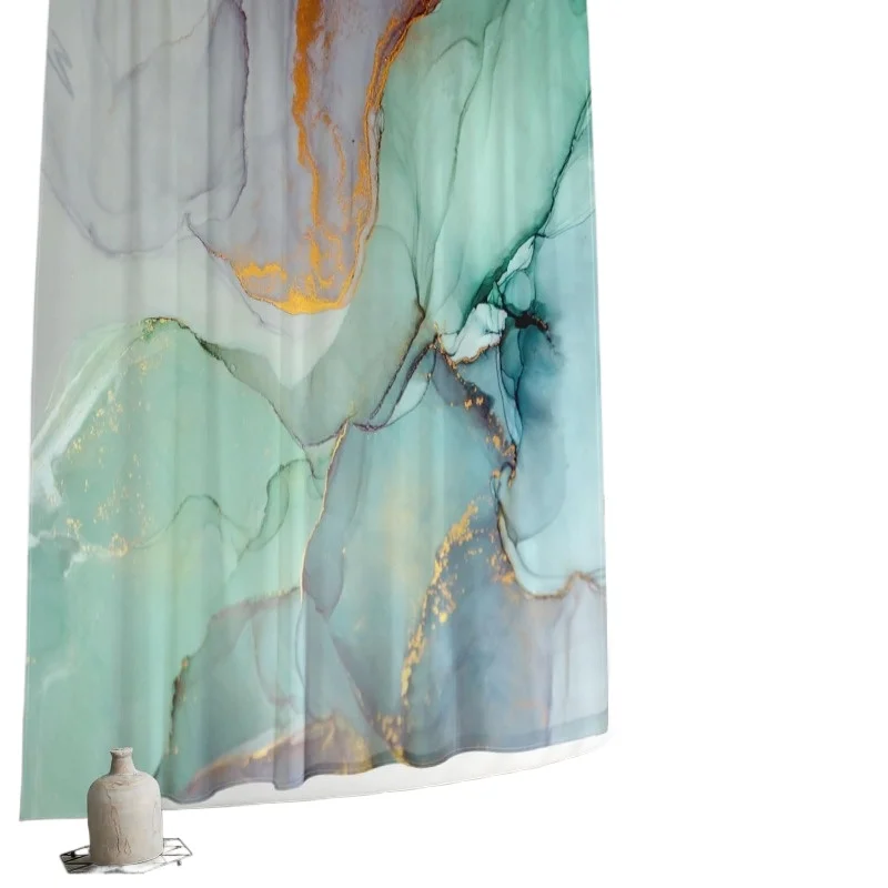 ผ้าม่านห้องน้ำลายทางสีทองสีฟ้าเขียวม่วงหยกรูปวาดสีน้ำสีทองแบบมีตะขอกันน้ำ71x71