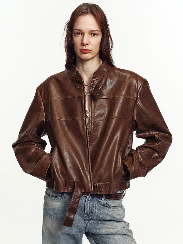 

Casual Short Genuine Leather Motorcycle Jackets for Women Simple Stand Collar Retro Oil Wax Soft Real Sheepskin Leather Coat