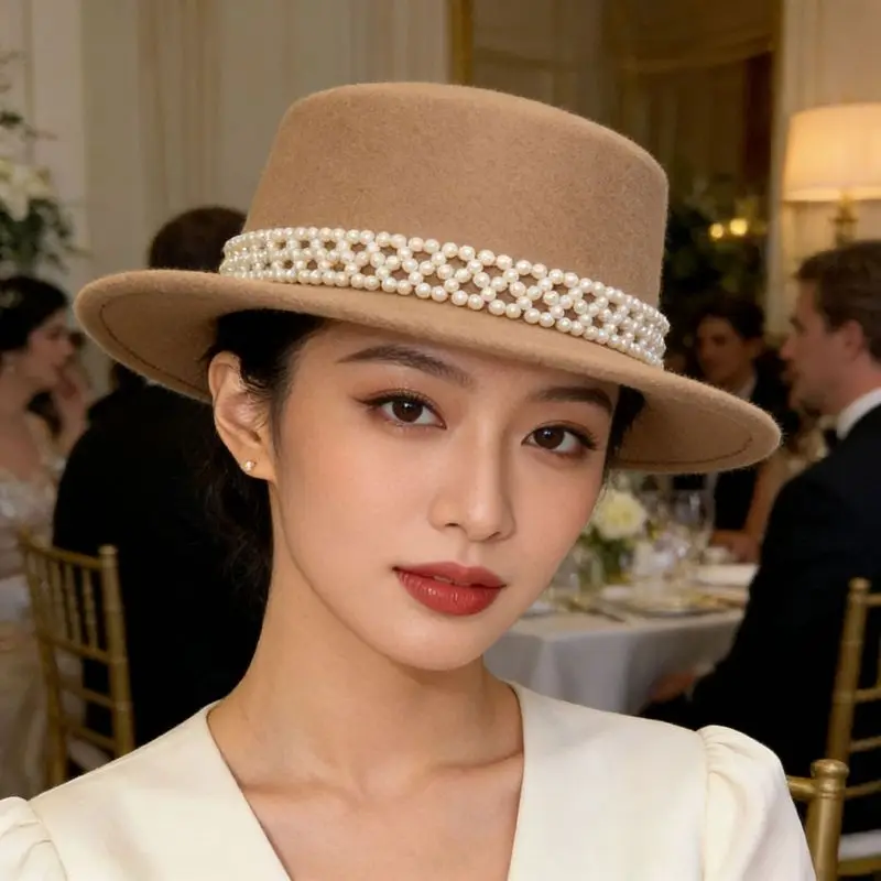 Women's coffee-colored felt French-style hat with minimalist pearl trim, flat-top design, perfect for winter parties and outfits