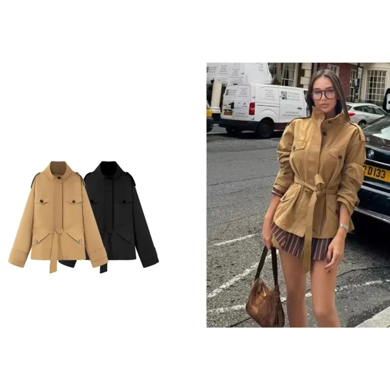 

Женская простая куртка с поясом, осенняя модная куртка на пуговицах с высоким воротником и карманами на плечах, повседневная женская шикарная куртка