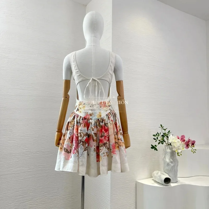 Lin 2025 été haute qualité nouveau sans manches blanc a-ligne découpé imprimé fleuri plis femmes Mini robe
