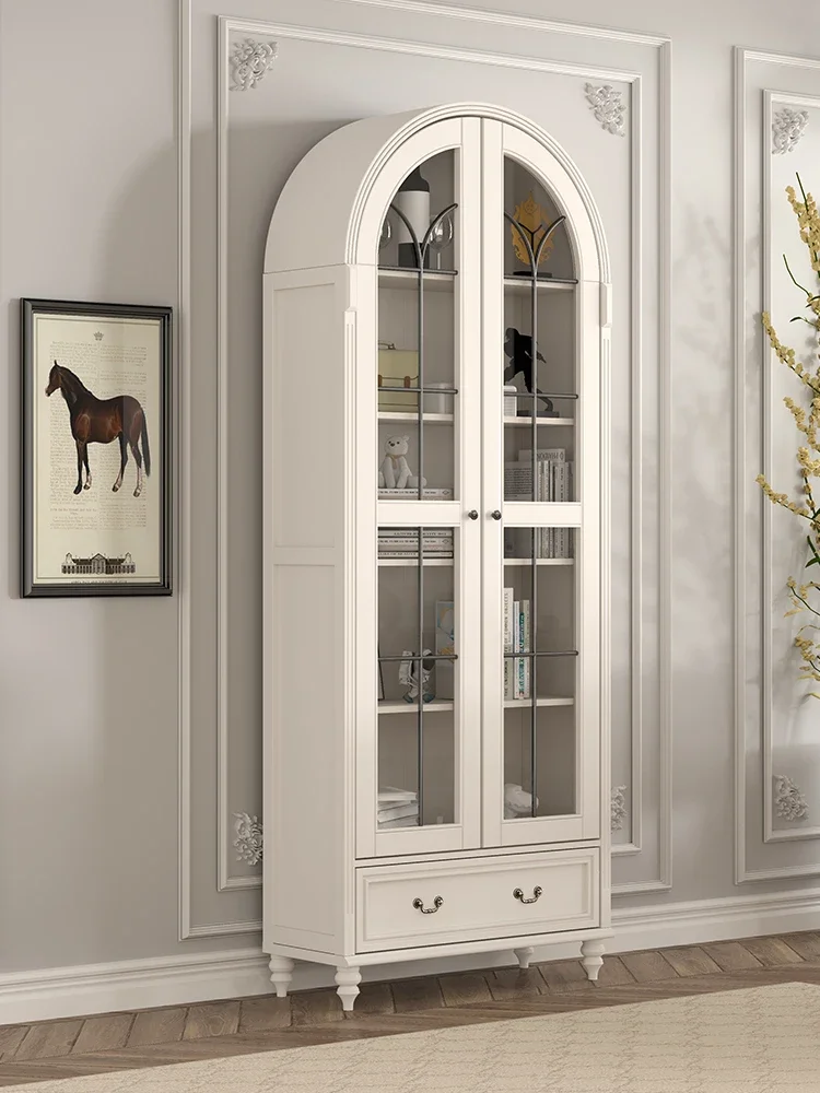 Solid Wood Arch French Style Retro Glass Door with Door Dust-Proof Bookcase Bookcase Customized Wine Cabinet Storage Cabinet