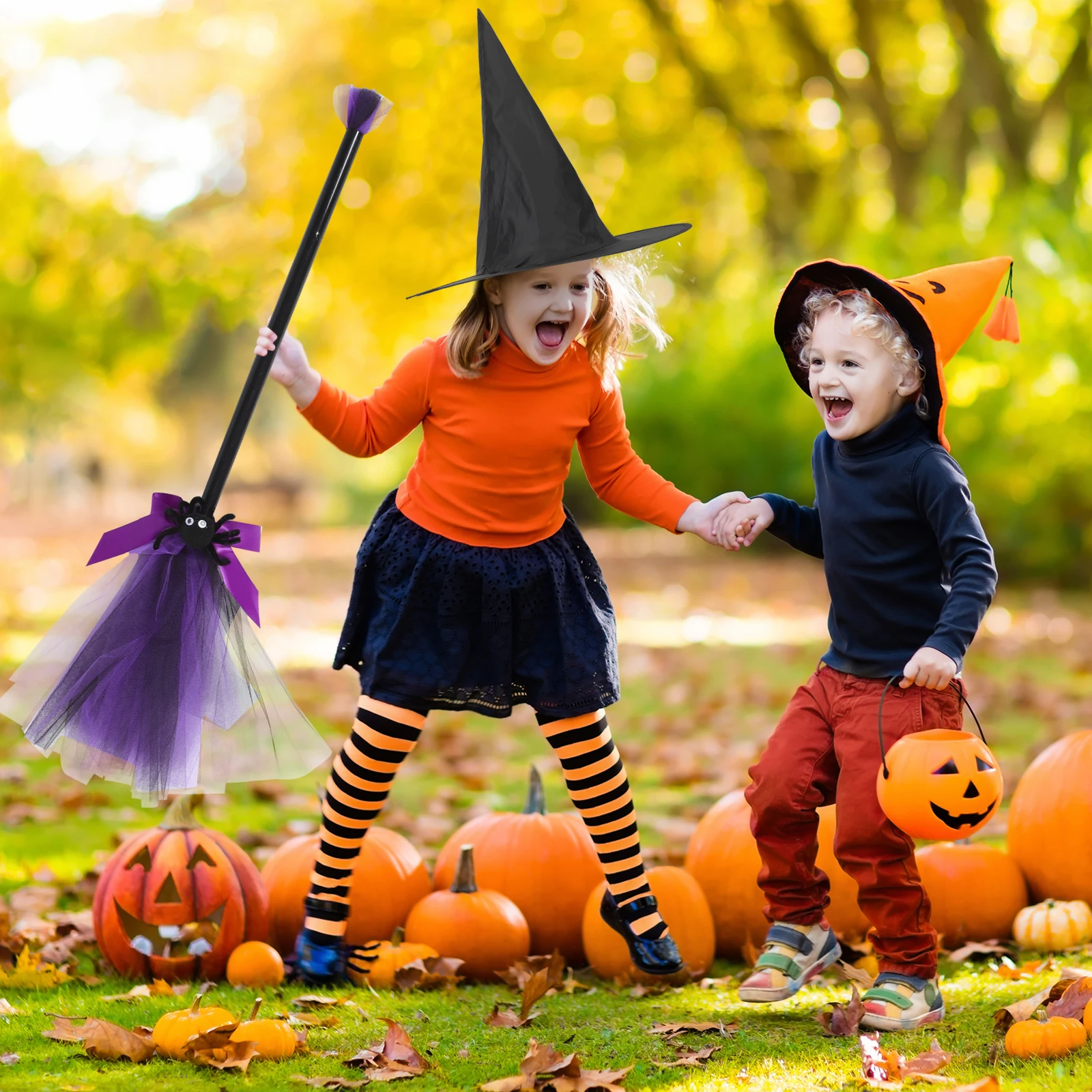 

Hat Broom Set and Accessories Broomstick Costume Clothing Halloween Kids Prop Mesh Wizard