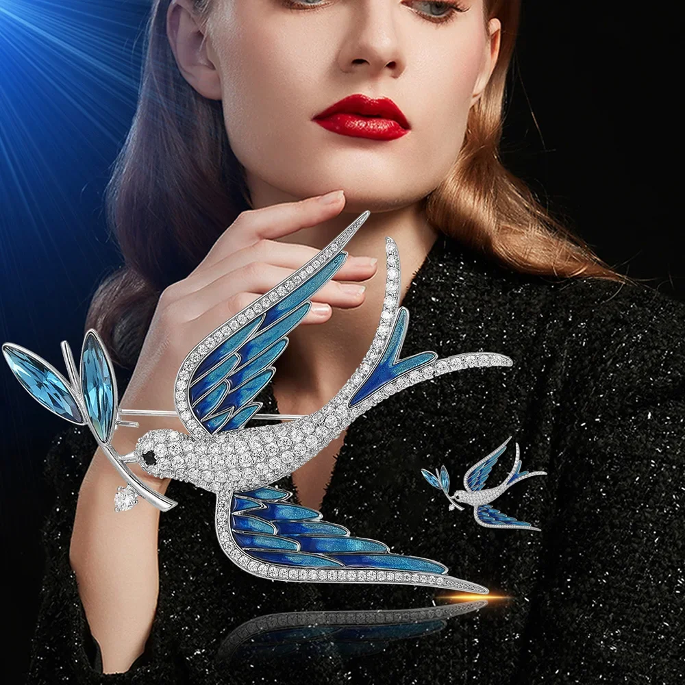 

Creative swallow holding branch Blue Crystal Brooch for women Luxury Inlaid Zircon bird pins Corsage Accessories Jewelry Gifts