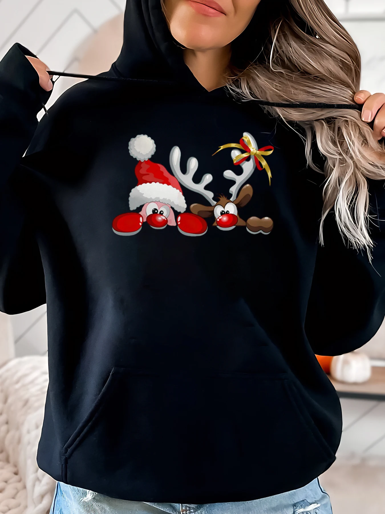 

Рождественская толстовка с принтом оленей и Санта-Клауса, женская повседневная зимняя одежда, черная, больших размеров
