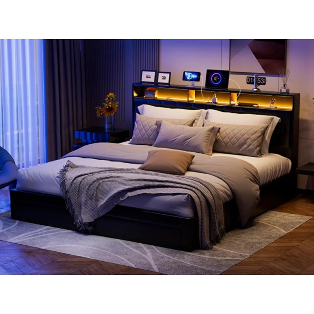 

California King Bed Frames with 4 Drawers and Hidden Storage Headboard, With LED Lights & Charging Station