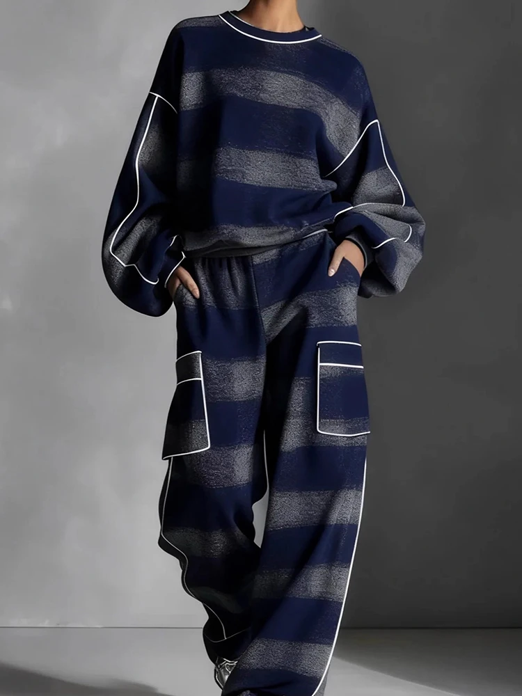 

Модные комплекты пуловеров и брюк контрастного цвета, повседневные свободные женские комплекты спортивной одежды, осень-зима, новые брюки с карманами, комплект из двух предметов для поездок на работу