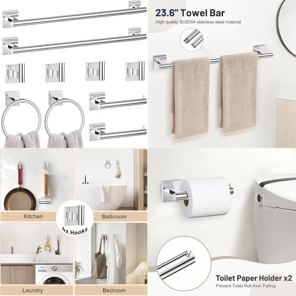 

Polished Chrome Towel Bar Set, 23.6 Inch Stainless Steel Bathroom Hardware, 10 Piece Accessory Set for Towel Racks