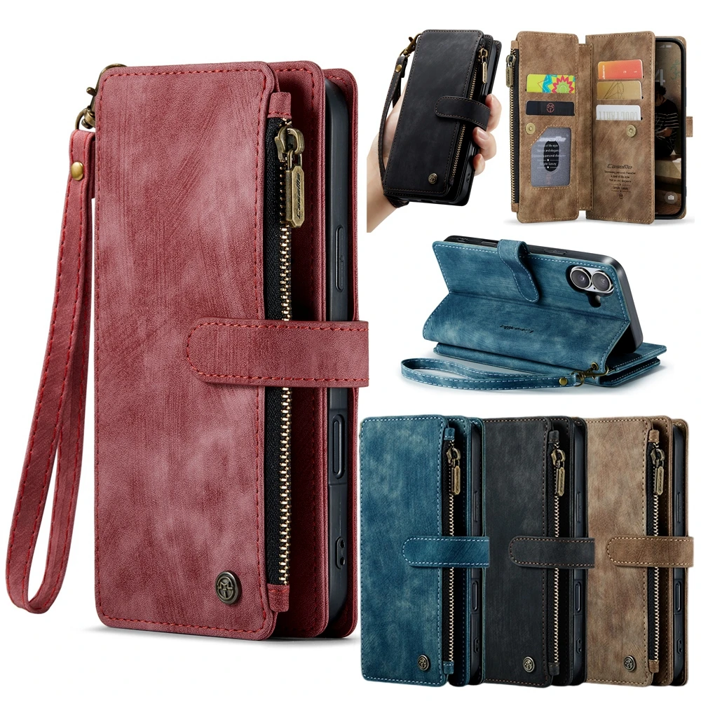 

Кожаный чехол-кошелек на ремешке для телефона Magsafe, чехол для беспроводной зарядки для iPhone 17, 16, 15, 14 12, Pro Max 13, мини-книжка на молнии с откидной крышкой