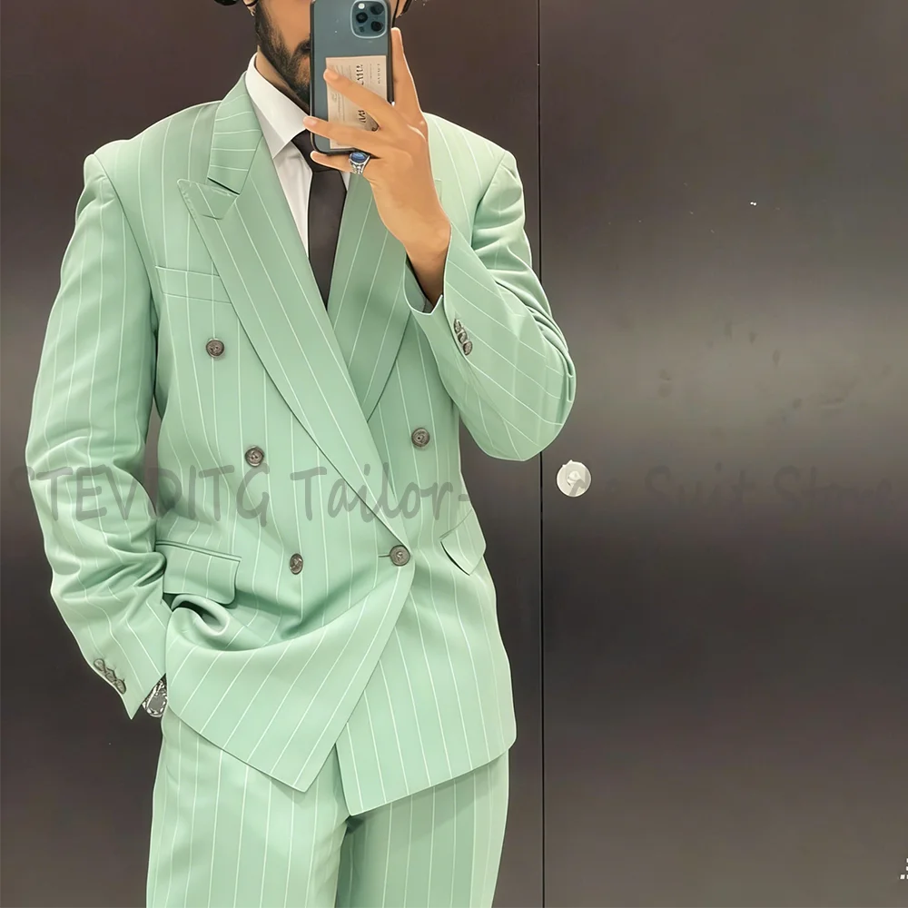 Light Green Striped Men Suits Casual Travel Full Man Set Double Breasted High Quality Prom Male Clothing Jacket With Pants